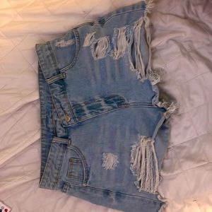 shein high waist ripped raw trim denim shorts